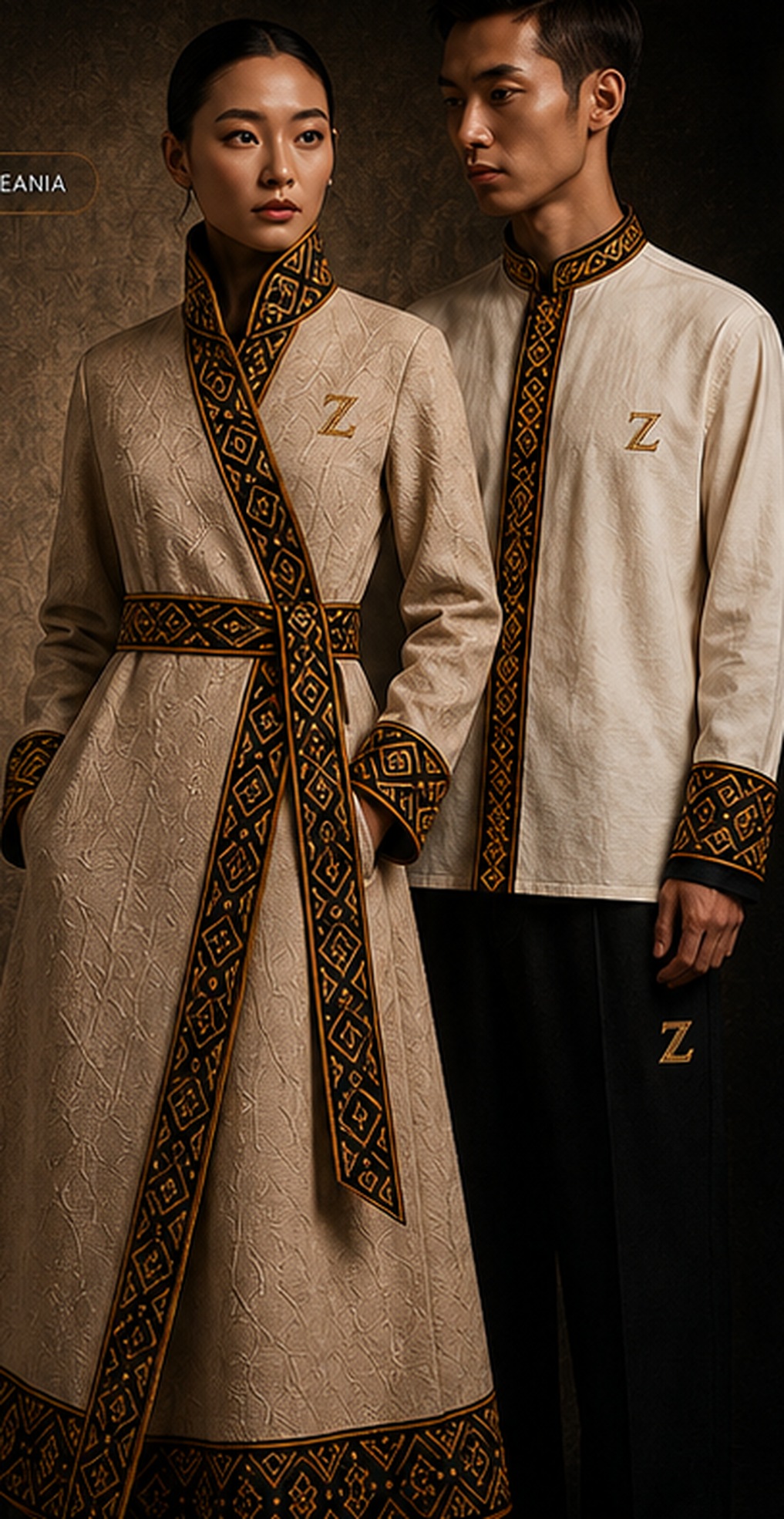 Two figures in a bare concrete gallery: a floor-length undyed Irish wool wrap coat with an asymmetric front panel, beside an ivory Italian poplin shirt with an offset stand collar and deep Japanese indigo turned cuffs. High collars and squared bateau necklines — no V, no printed motif.