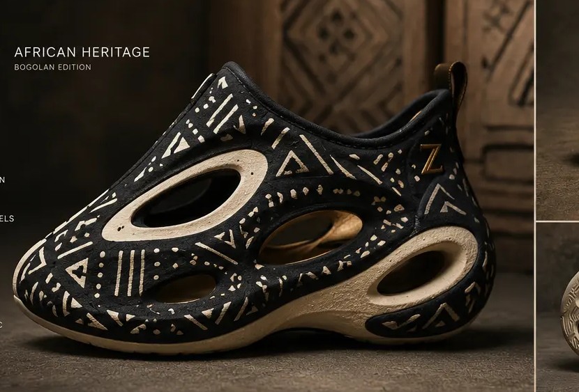 A one-piece moulded foam sneaker in bone and clay, its surface embossed with Malian bogolan geometry and produced on Asia-Pacific injection tooling — heritage pattern rendered as structural relief.