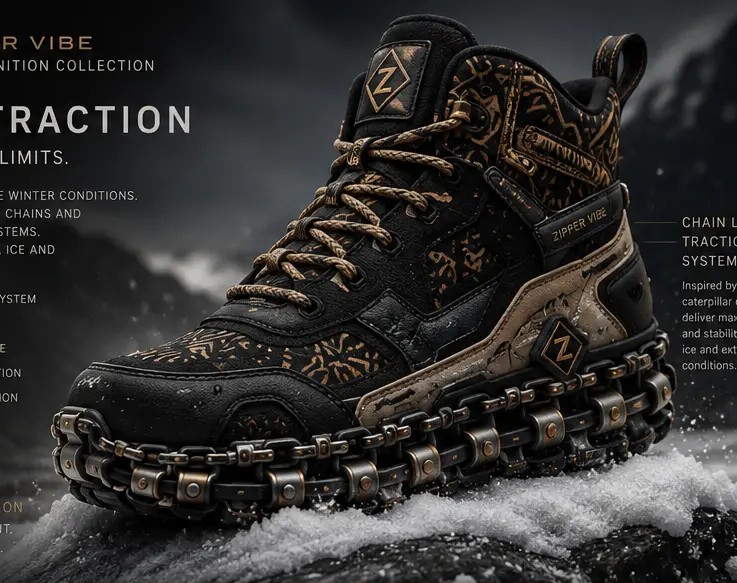 A snow boot photographed on packed white ice: chain-link outsole and steel grip pins engineered in Asia-Pacific mills, waterproof Tuscan-tanned leather from Europe, and a bogolan-and-denim panel carrying the African pattern up the shaft.