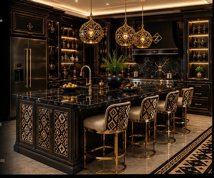 A kitchen and living interior in warm stone and brass, where bogolan geometry is inlaid into cabinetry and textiles — West African pattern set against Scandinavian proportion, Japanese joinery and Pacific daylight.