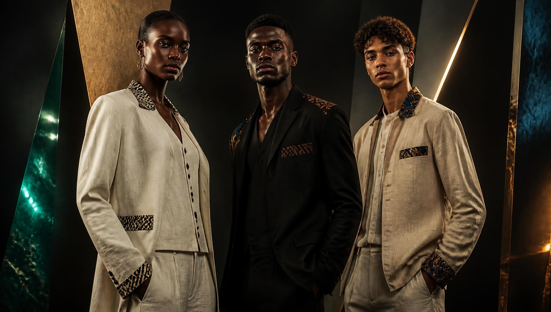 Diverse models in ivory and sand linen tailoring with bogolan and bazin riche accents under cinematic gold light