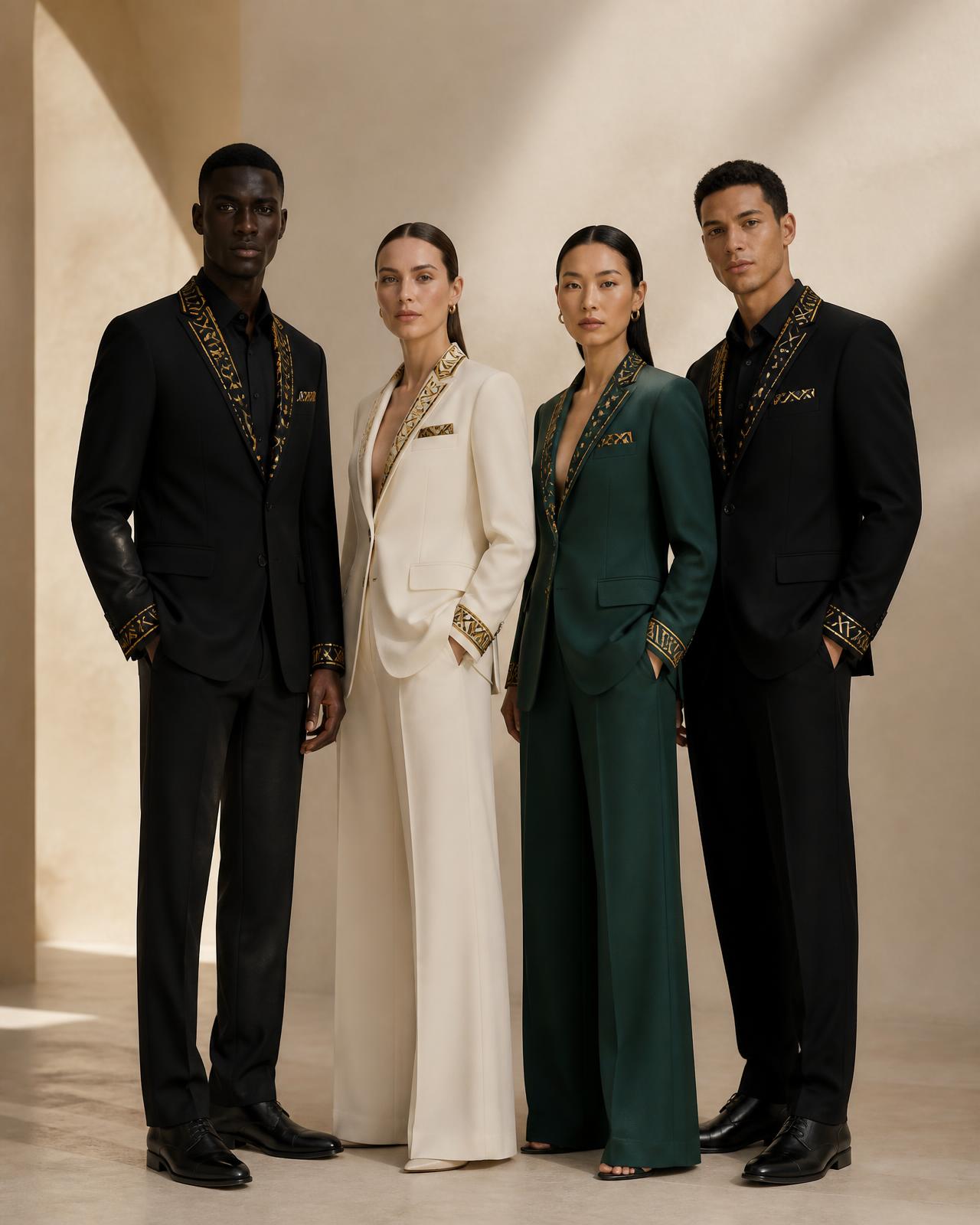 Four models of different heritages in Z-Vibe tailoring — obsidian, porcelain and emerald with Bogolan mudcloth trim — in a warm gallery interior