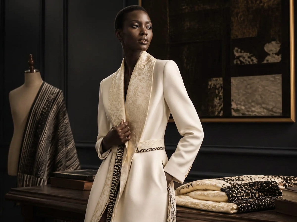 A spotlit couture piece inside a dark emerald and brass gallery