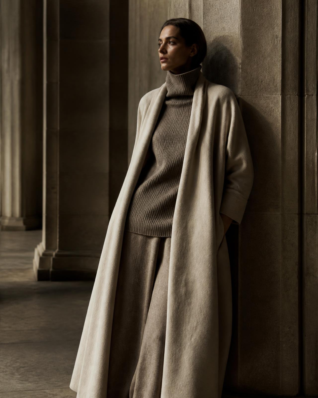 Figure in an undyed floor-length wool drape coat over a funnel-neck knit, standing in a stone colonnade in low side light