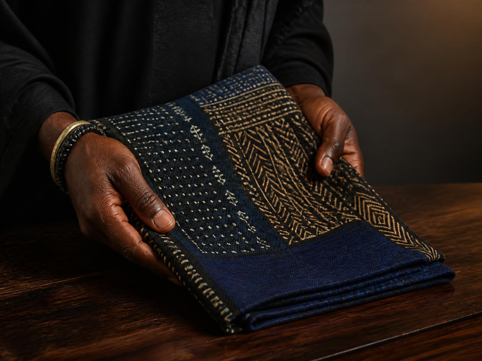 Layered artisan materials: woven textile, brushed bronze, marble and leather